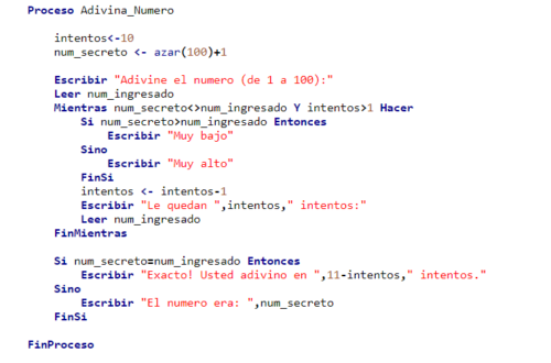 Pseudocódigo. Adivina un número. PSeInt