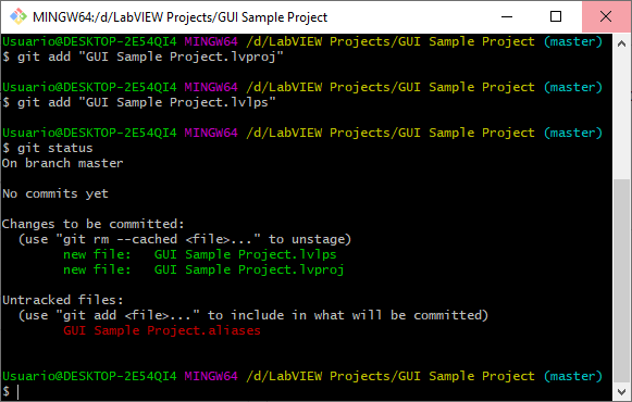 shows the status of the LabVIEW project repository in git.