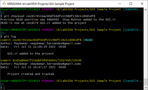git checkout and status when navigating through the commits using source control in LabVIEW